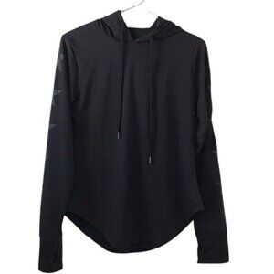 Black Hooded Long Sleeve Shirt M Made In China Polyester Spandex Blend